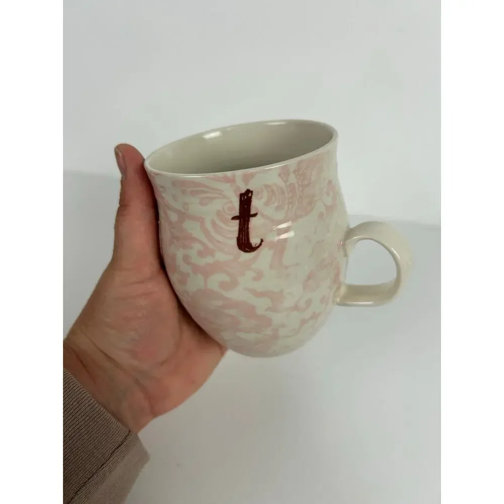 Anthropologie 'T' Monogram Coffee Cup Mug Tea Pink Damask